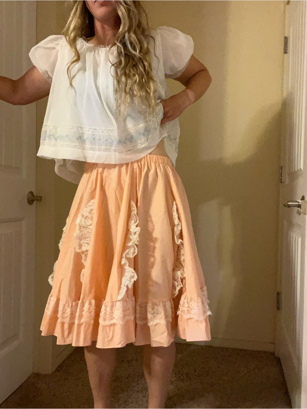 Vintage Peach Ruffle Midi Skirt with Lace Trim